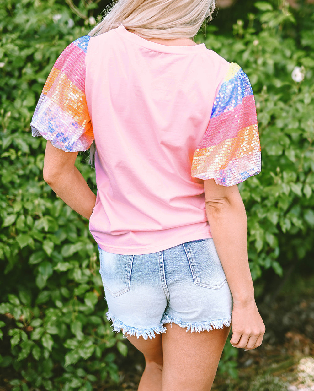 Sequin Colorblock Striped Puff Sleeve Top