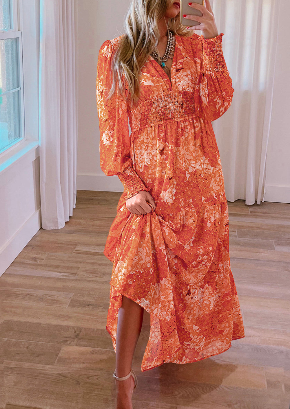 Boho Floral Bishop Sleeve V Neck Tiered Maxi Dress