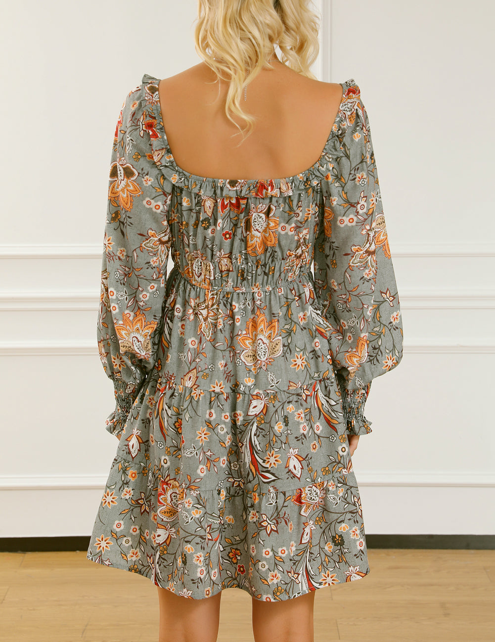 Floral Long Sleeve Frilled U-Neck Ruffled Dress