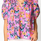 Butterfly Print Ruffled Puff Sleeve Tied V Neck Blouse