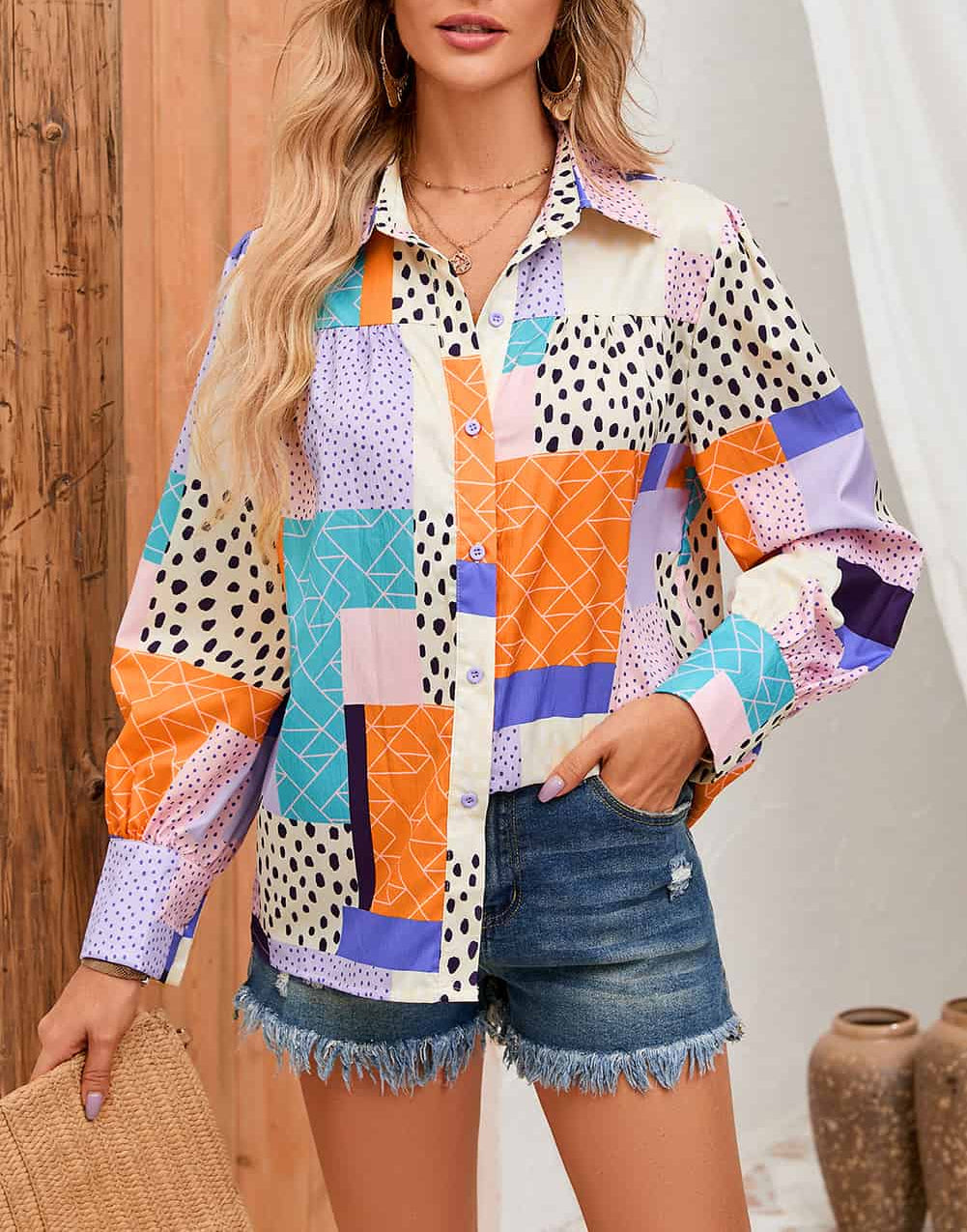 Mixed Print Button Front Cuffed Sleeve Shirt