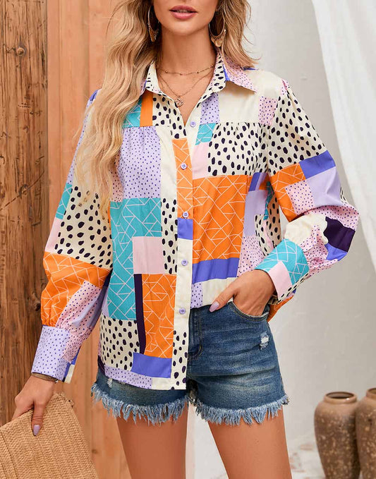 Mixed Print Button Front Cuffed Sleeve Shirt