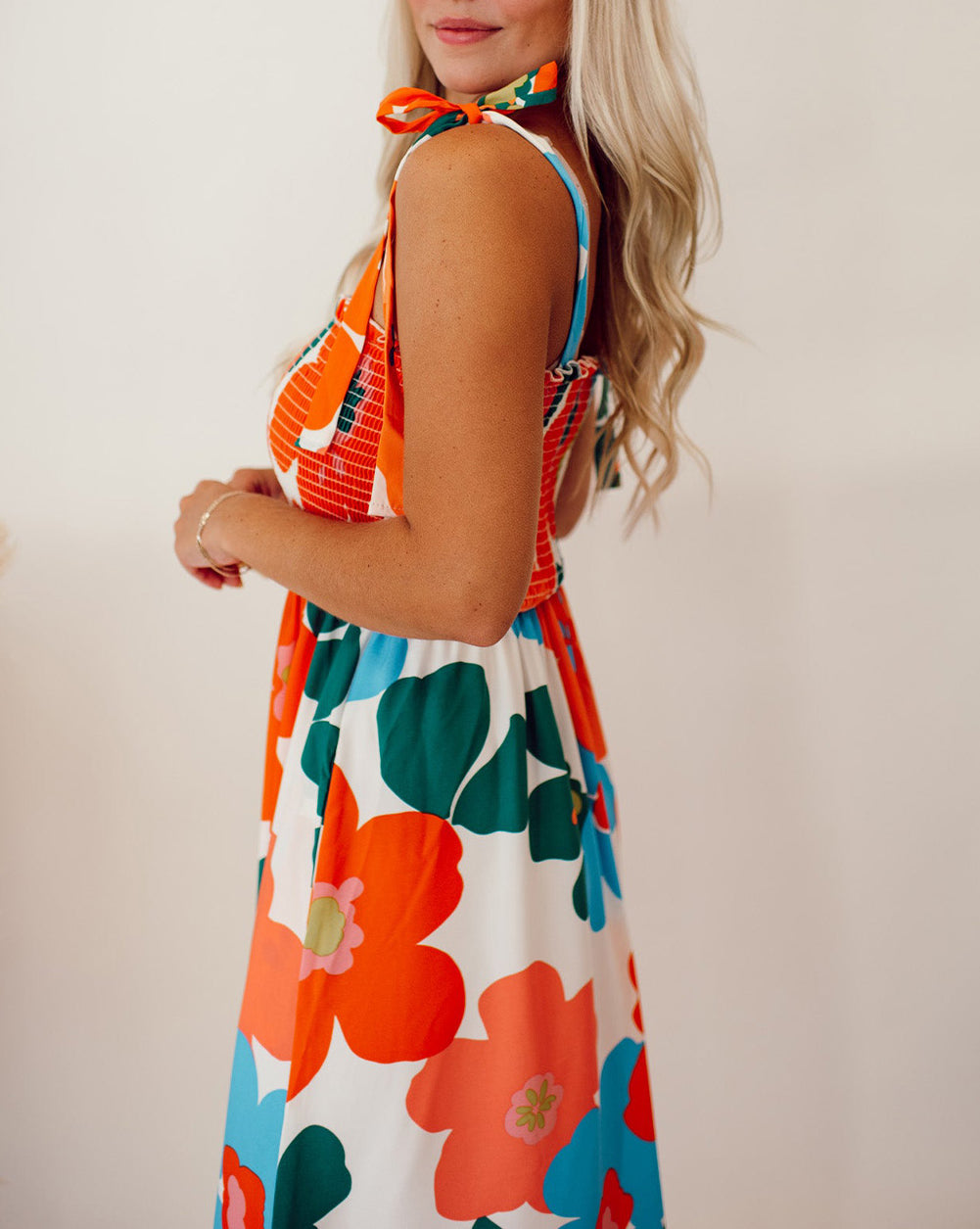 Plus Size Smocked Floral Print Tied Straps Wide Leg Jumpsuit