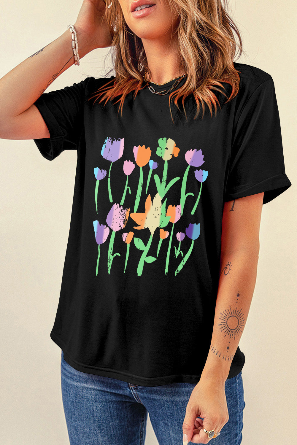 Floral Print Crewneck T Shirt