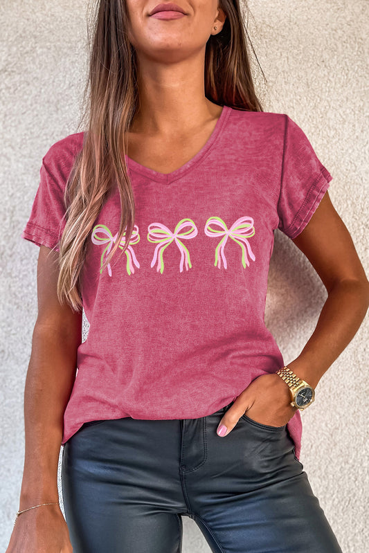 Bow Shape Mineral Wash V Neck T Shirt
