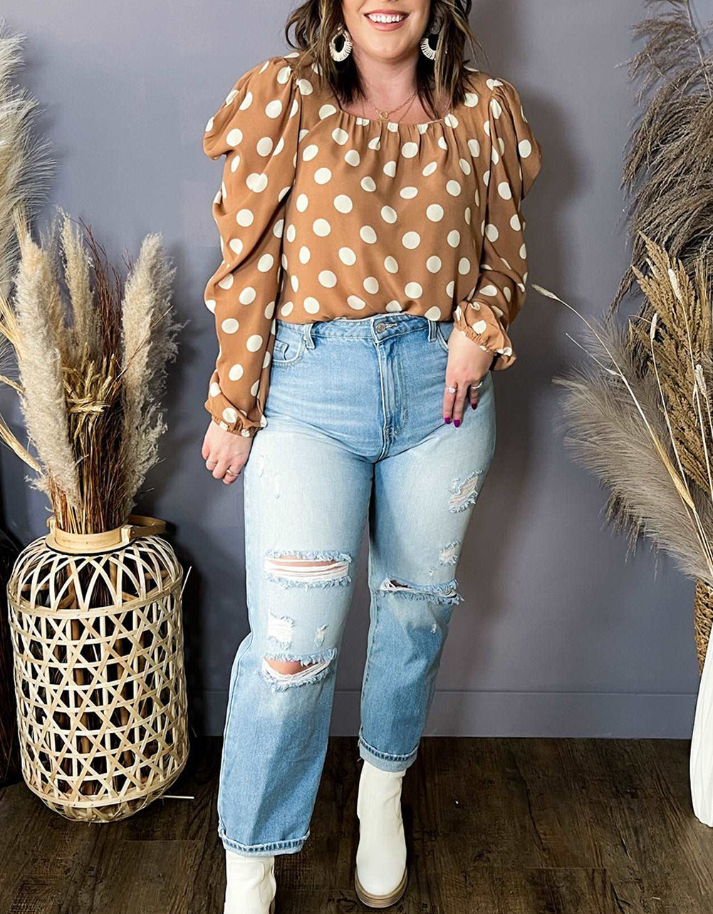 Plus Size Polka Dot Ruched Neckline Puff Sleeve Blouse