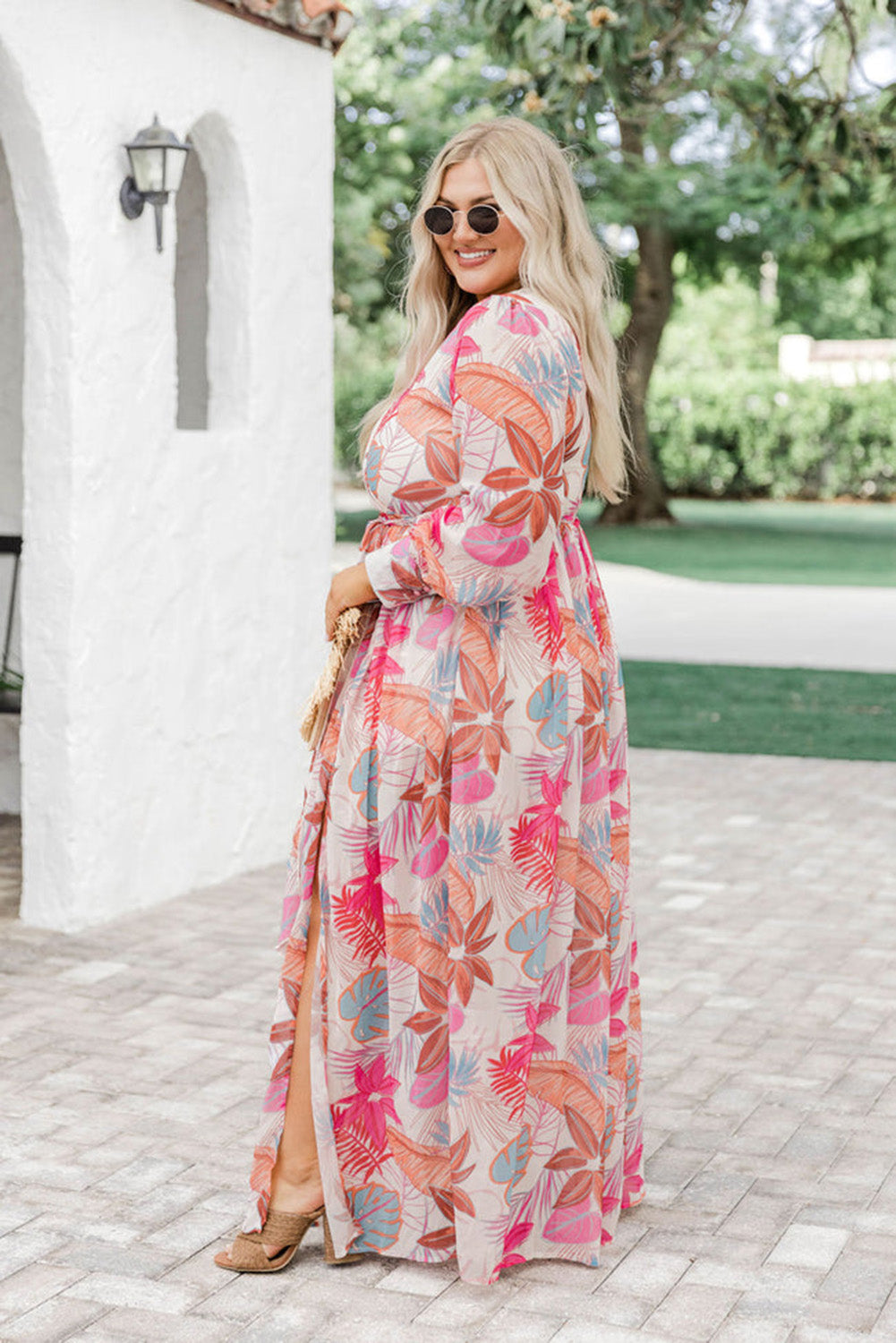 Tropical Palm Print Tie High Waist Plus Size Maxi Dress