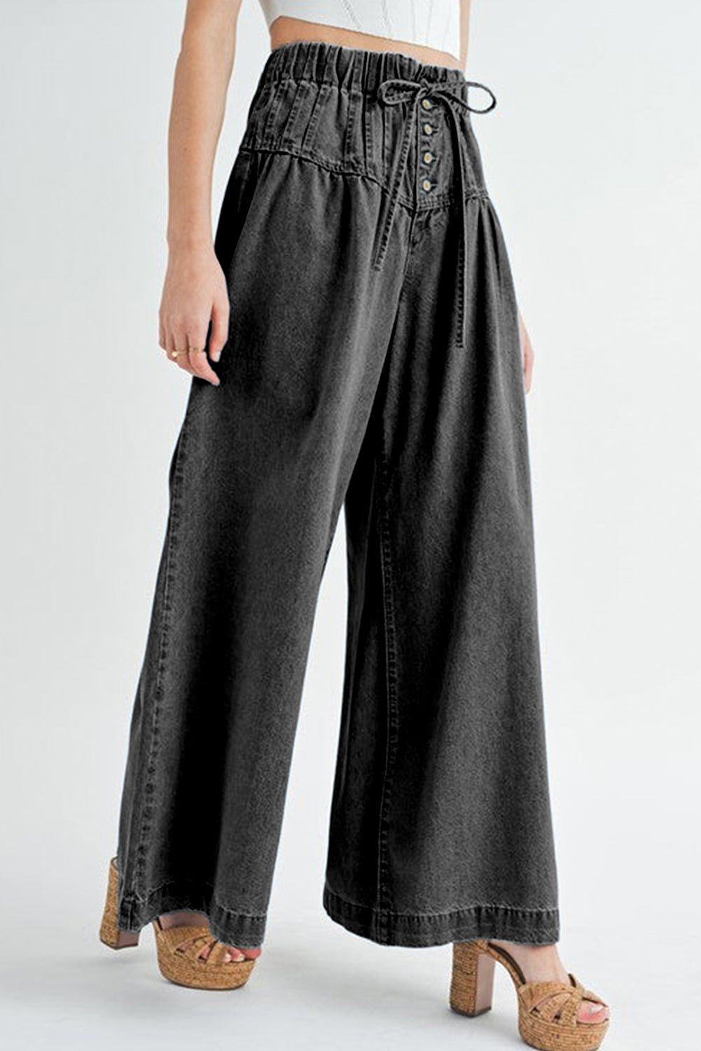 Mineral Wash Button Fly Waist Wide Leg Jeans