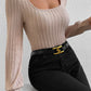 Square Neck Bubble Sleeve Textured Knit Top