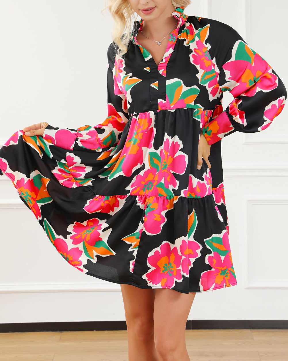 Frill Collar Split Neck Long Sleeve Floral Dress