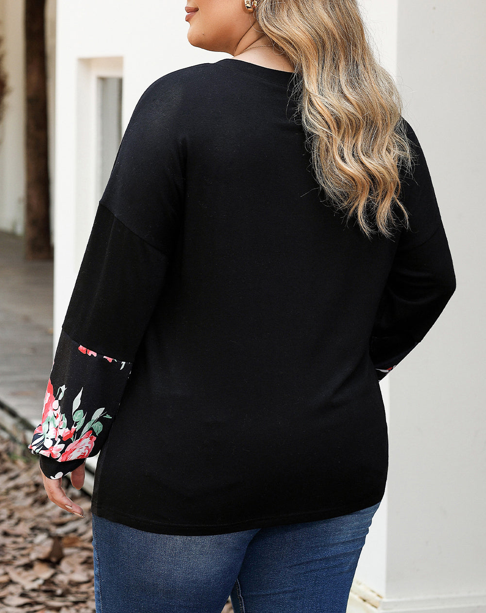Plus Size Floral Printed Splicing Half Button Top