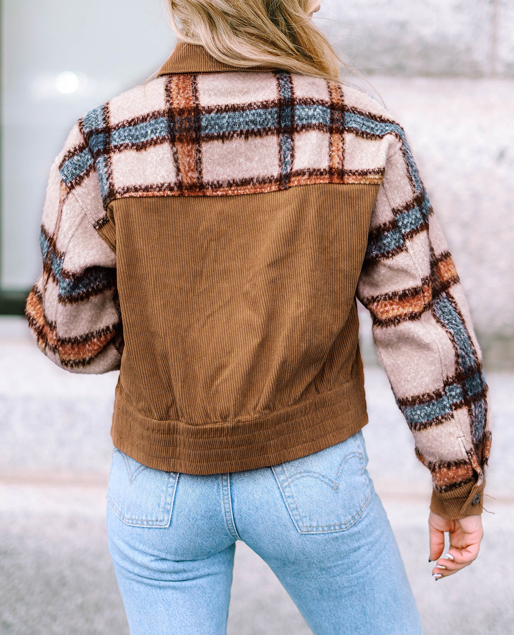 Plaid Corduroy Flap Pockets Boxy Chunky Jacket