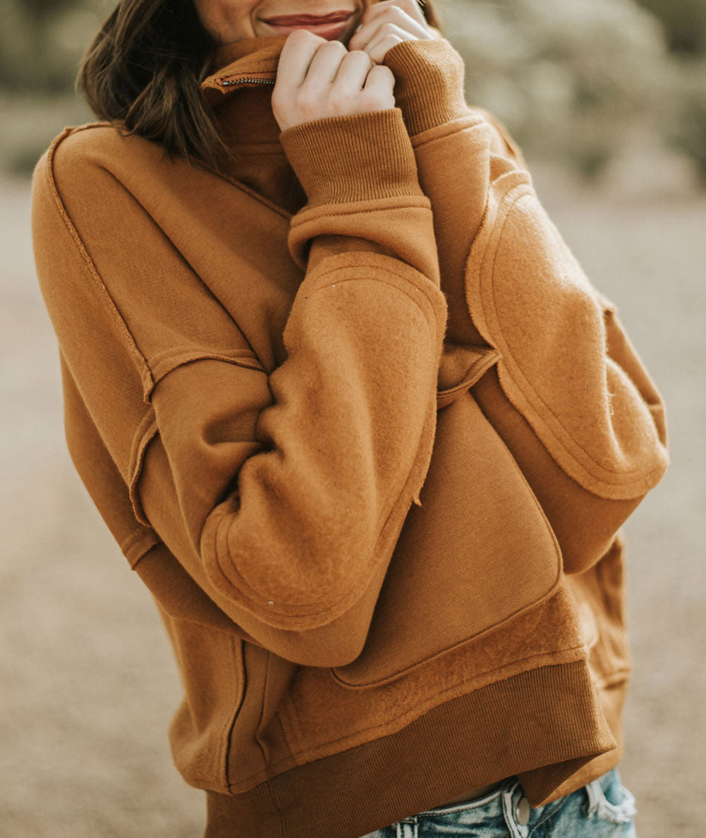 Zip Collared Big Flap Pocket Exposed Seam Sweatshirt