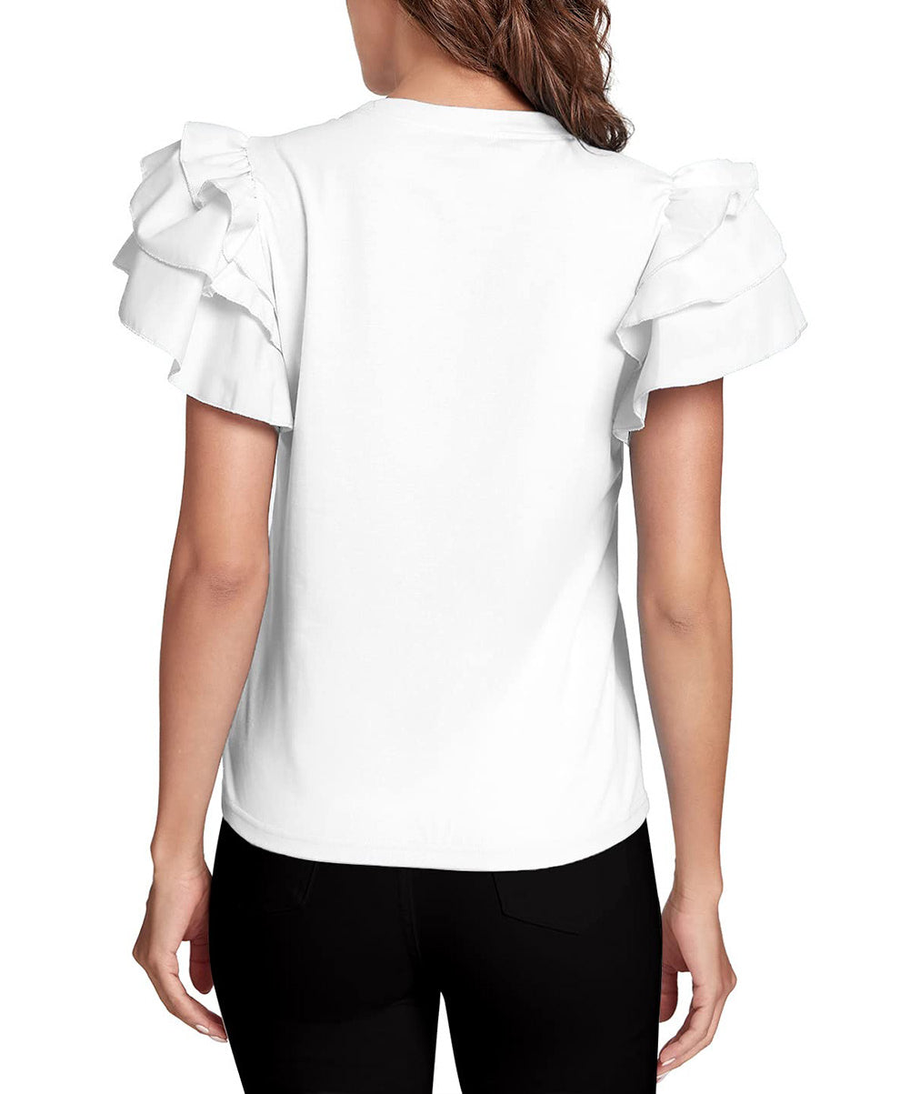 Solid Color Tiered Flutter Sleeve Blouse