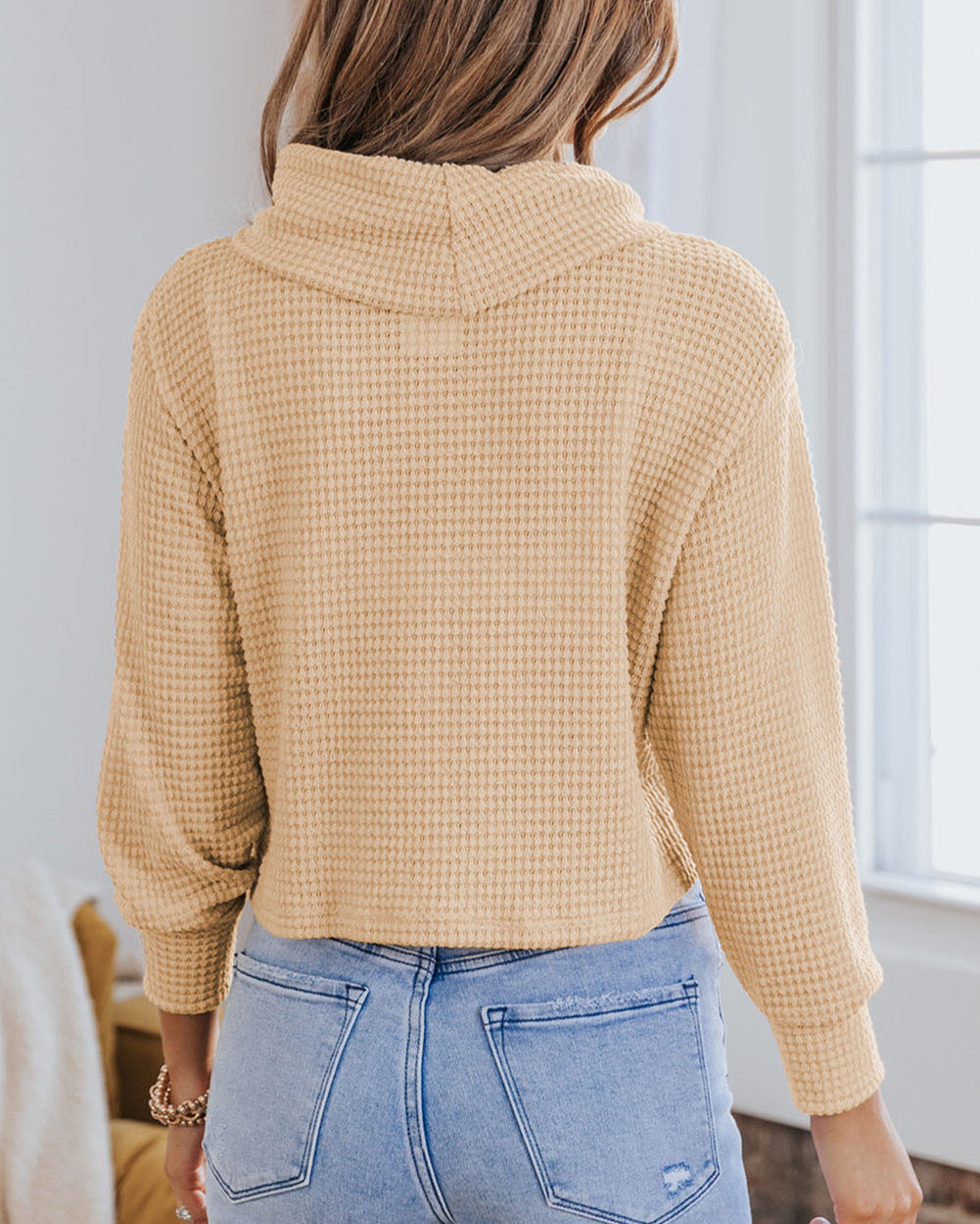 Solid Waffle Knit Turtleneck Long Sleeve Top