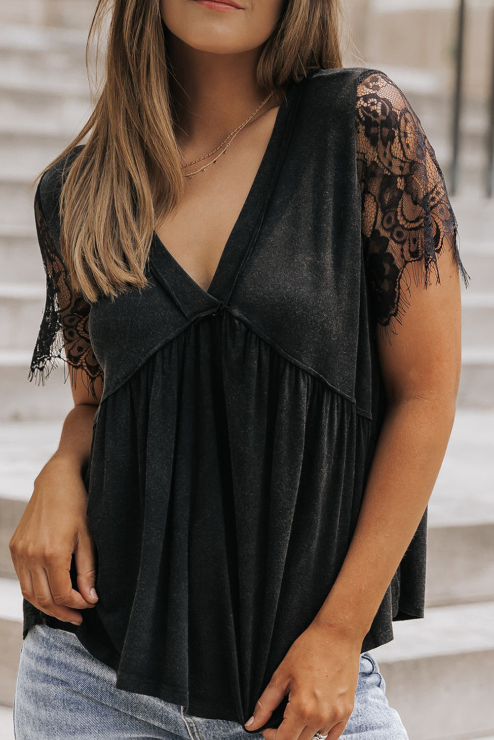 Eyelash Lace Sleeve V Neck Ruffle Babydoll Top