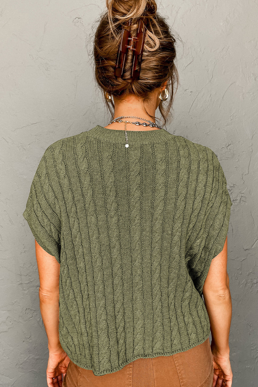 Crew Neck Cable Knit Short Sleeve Sweater