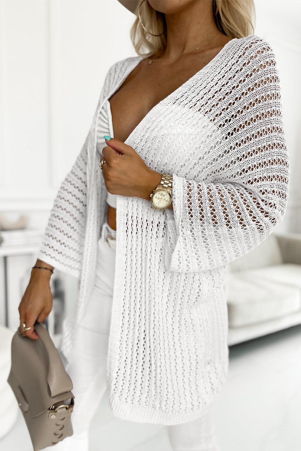 Hollow-out Knit Kimono Lightweight Cardigan