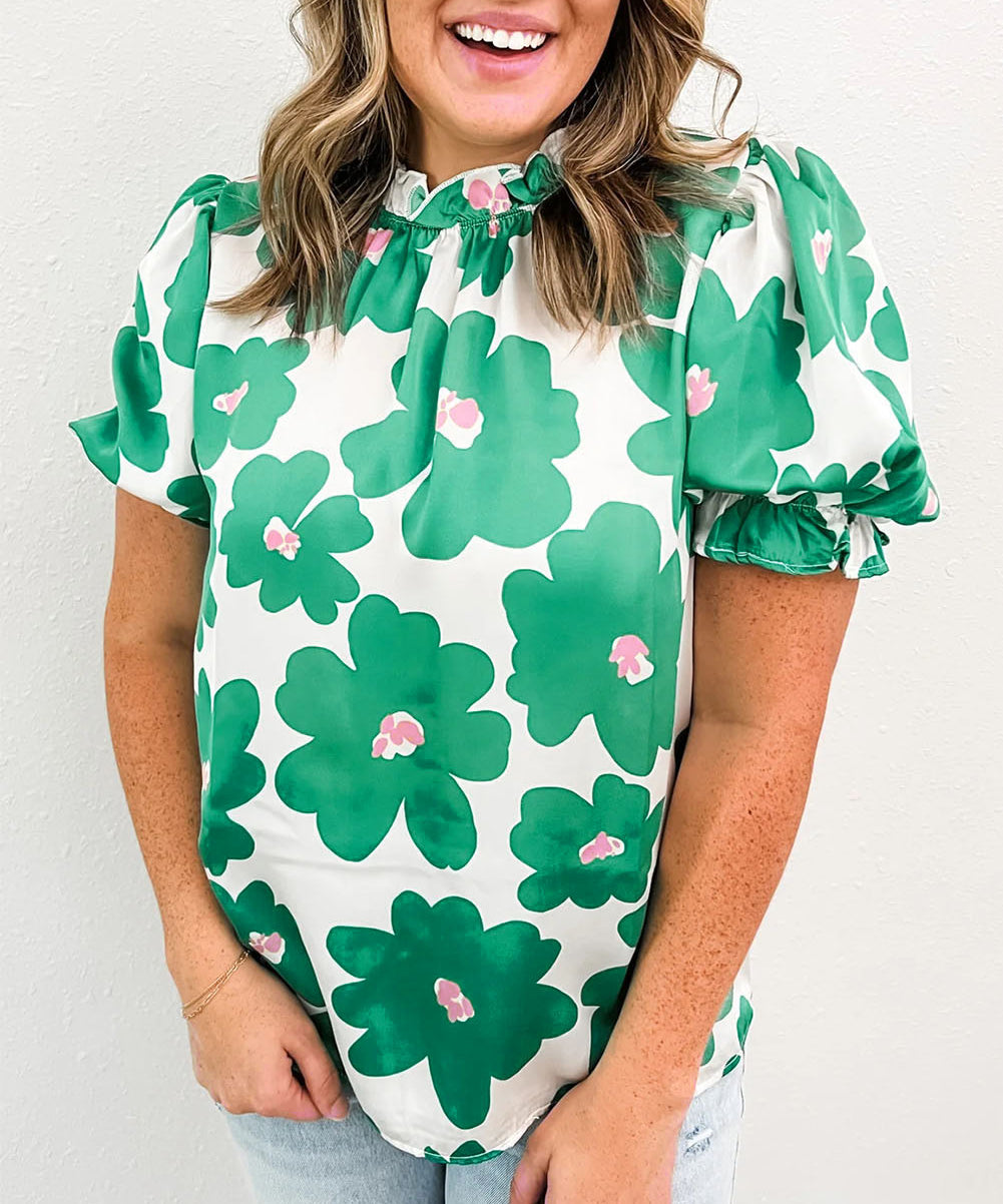 Floral Puff Sleeve Frill Neckline Blouse