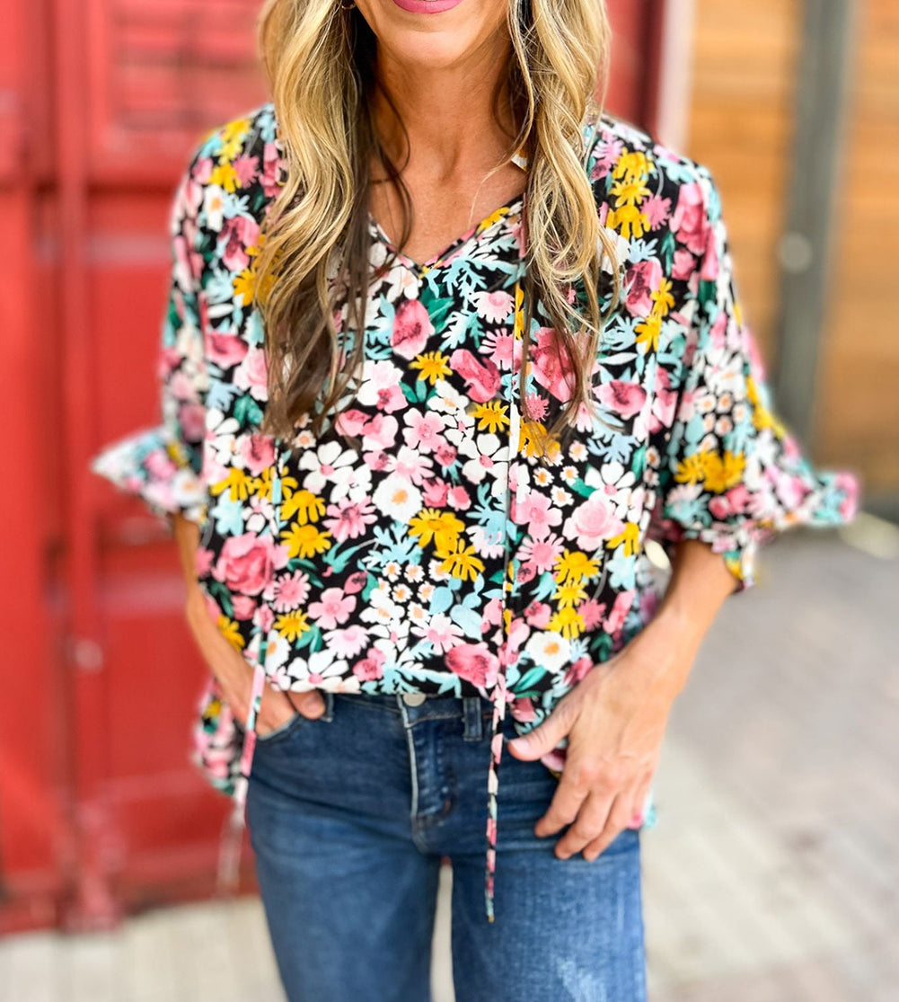 Floral Notched V-Neck Puff Sleeve Blouse