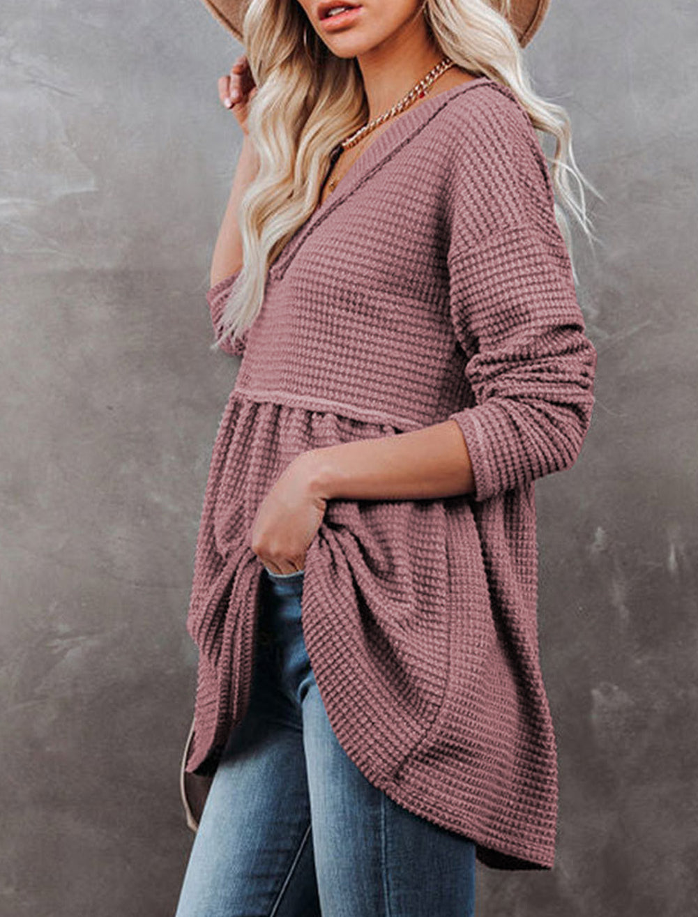 Waffle Knit V Neck Long Sleeve Babydoll Top