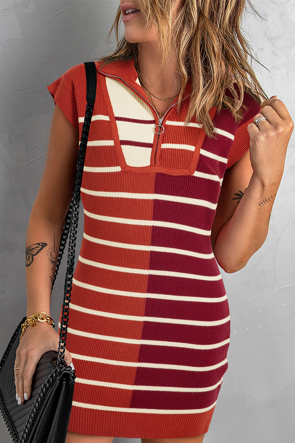 Stripe Color Block Quarter Zip Collar Short Sleeve Sweater Dress