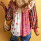 Floral Patchwork Shirred Cuffs Buttoned Blouse