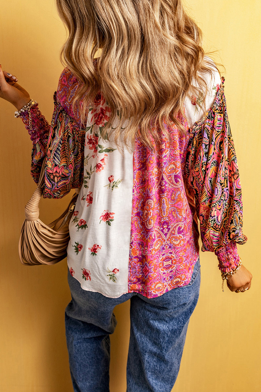 Floral Patchwork Shirred Cuffs Buttoned Blouse