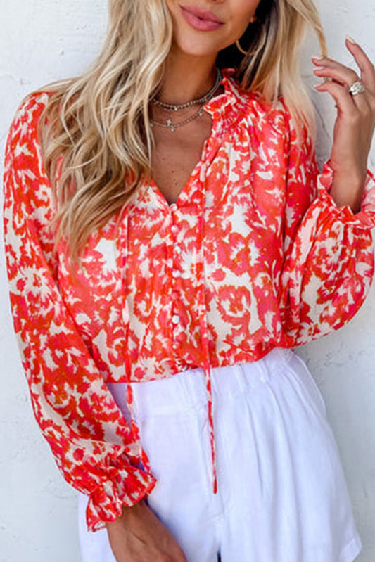 Floral Ruffled Notched V-Neck Blouse