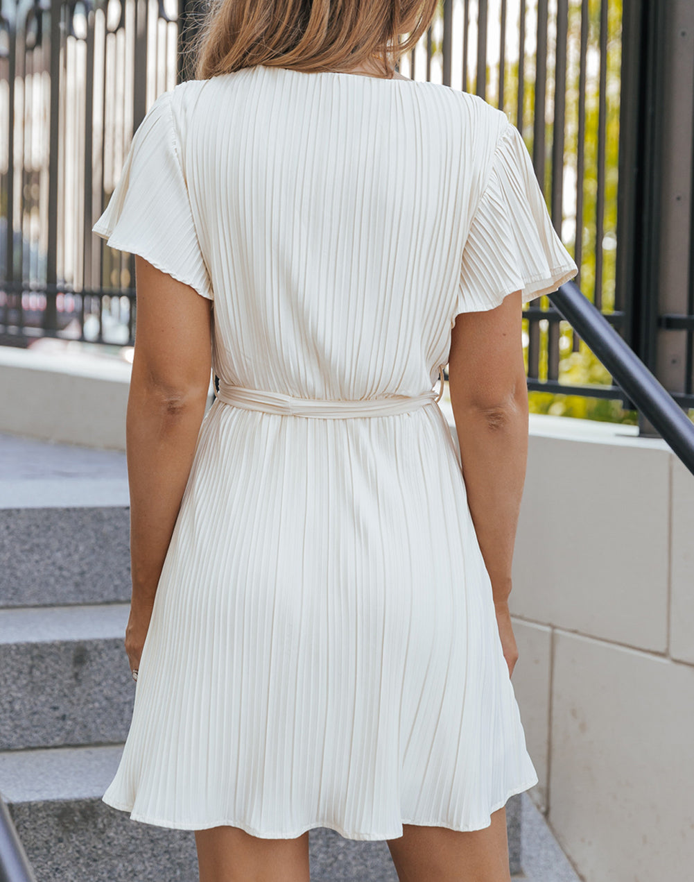 Flutter Sleeve Wrapped Pleated Sashed Short Dress