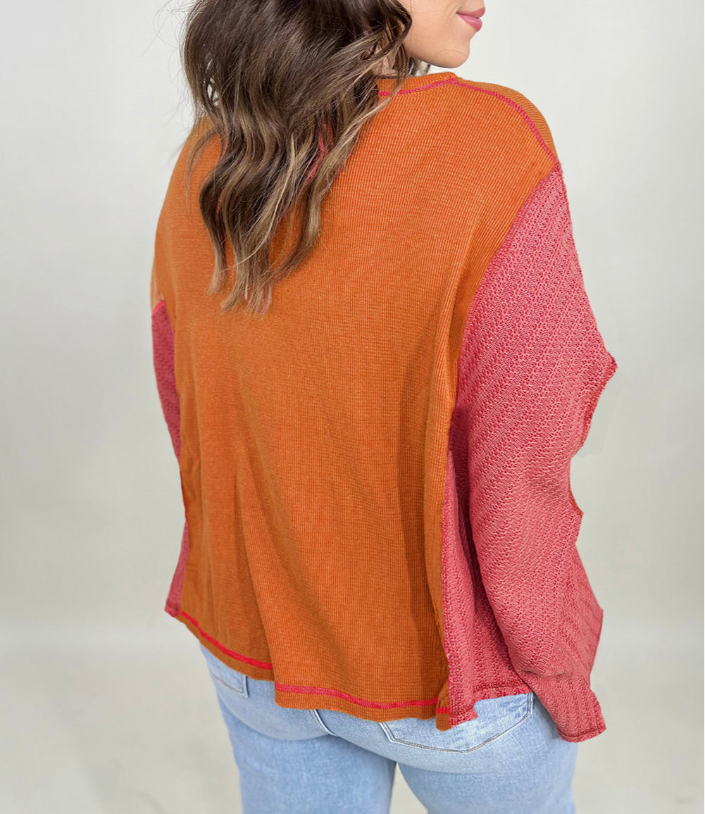 Textured Knit Color Block Patchwork Chest Pocket Plus Size Top