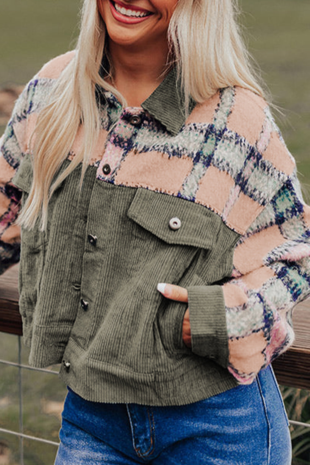 Plaid Corduroy Flap Pockets Boxy Chunky Jacket