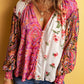 Floral Patchwork Shirred Cuffs Buttoned Blouse