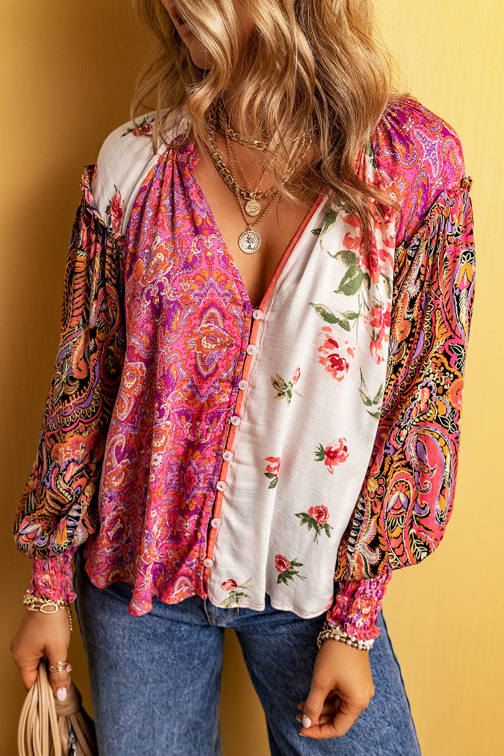Floral Patchwork Shirred Cuffs Buttoned Blouse