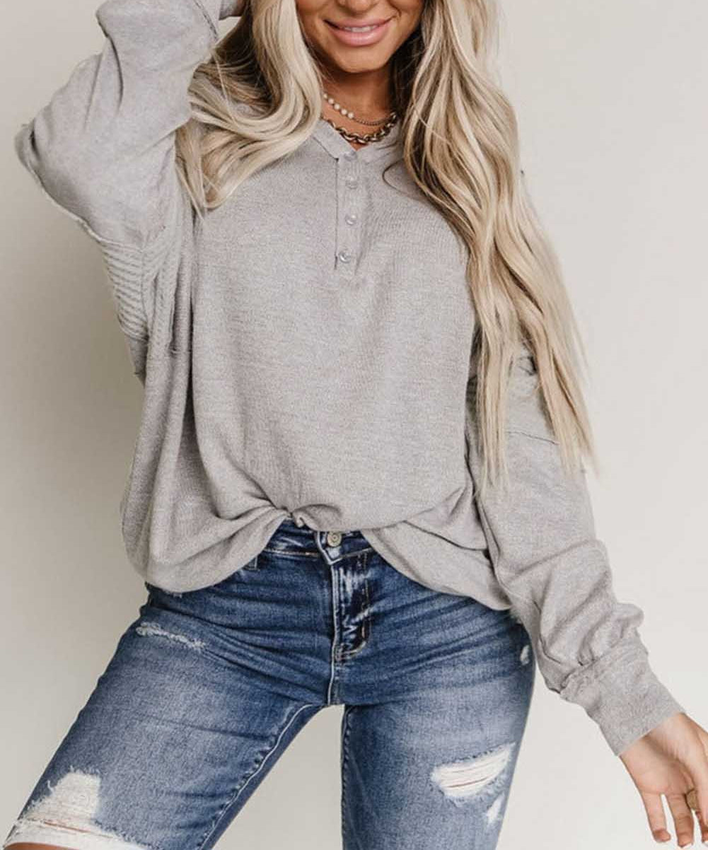 Waffle Patchwork Dolman Sleeve Henley Top