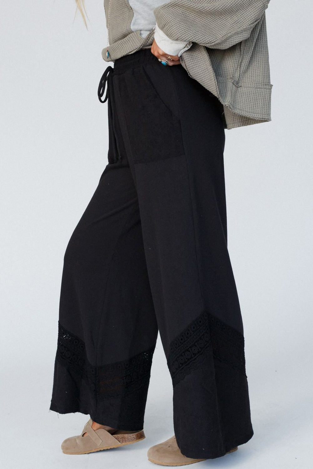 Lace Crochet Patched Lace-up High Waist Wide Leg Pants