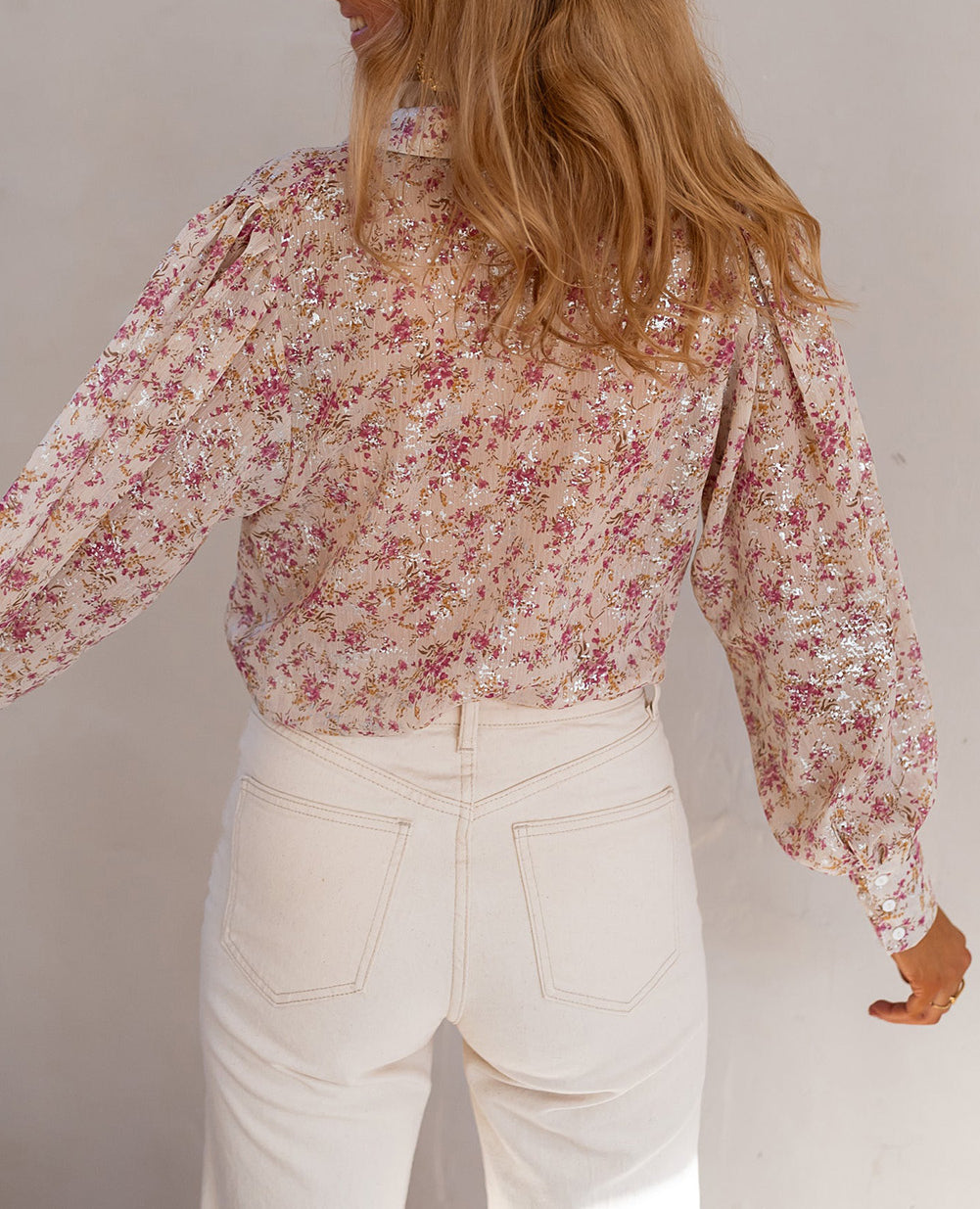 Floral Print Bishop Sleeve Collared V Neck Shirt
