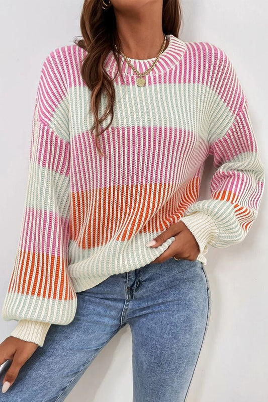 Colorblock Textured Knit Bubble Sleeve Sweater