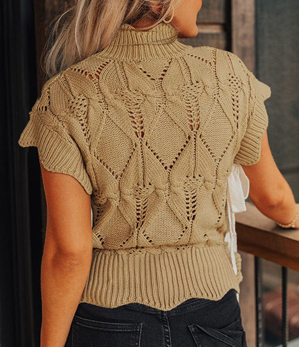 Hollowed Knit Scalloped Trim High Neck Sweater