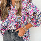 Abstract Print 3/4 Puff Sleeve Ruffle Blouse