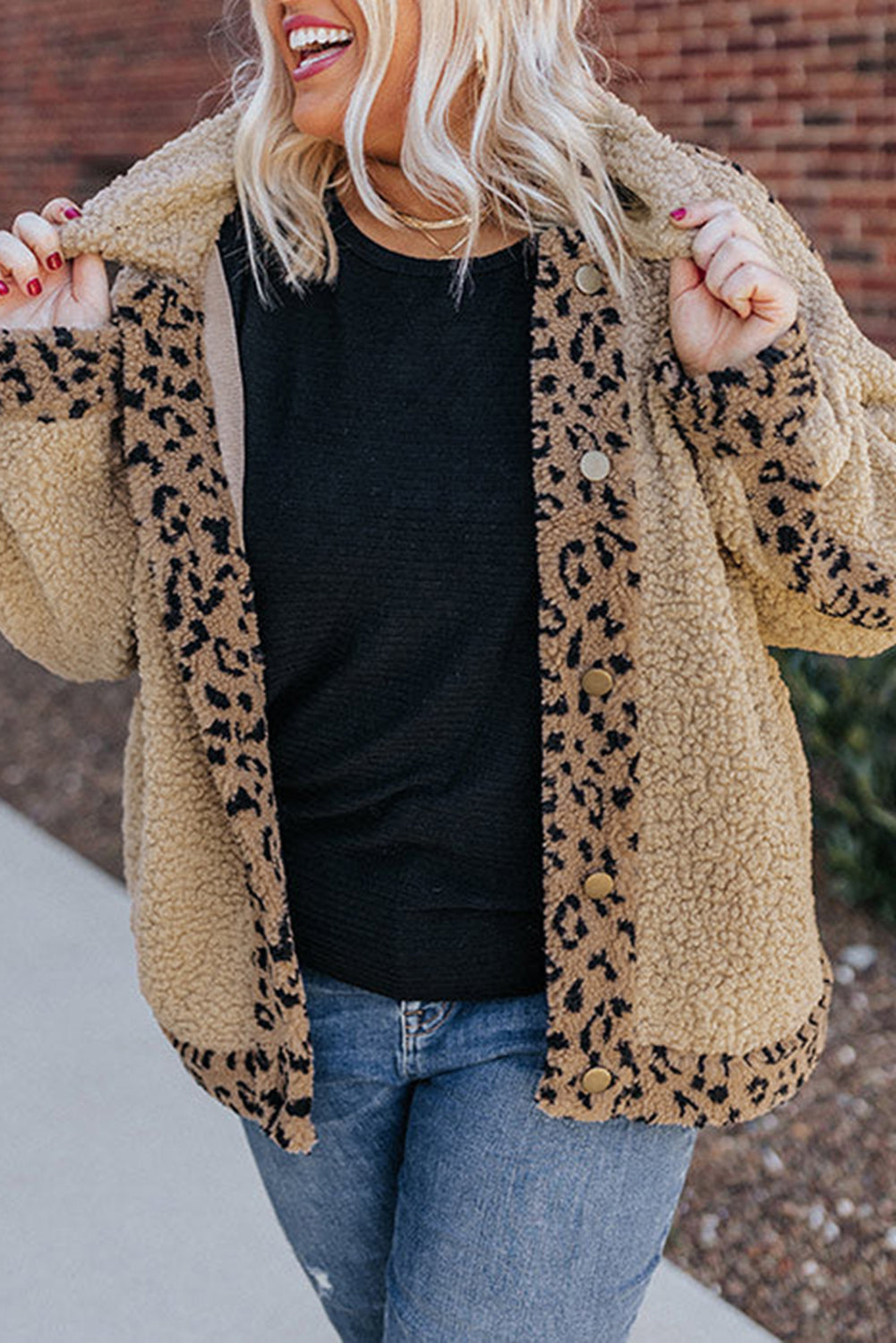 Plus Size Leopard Trim Button up Sherpa Jacket