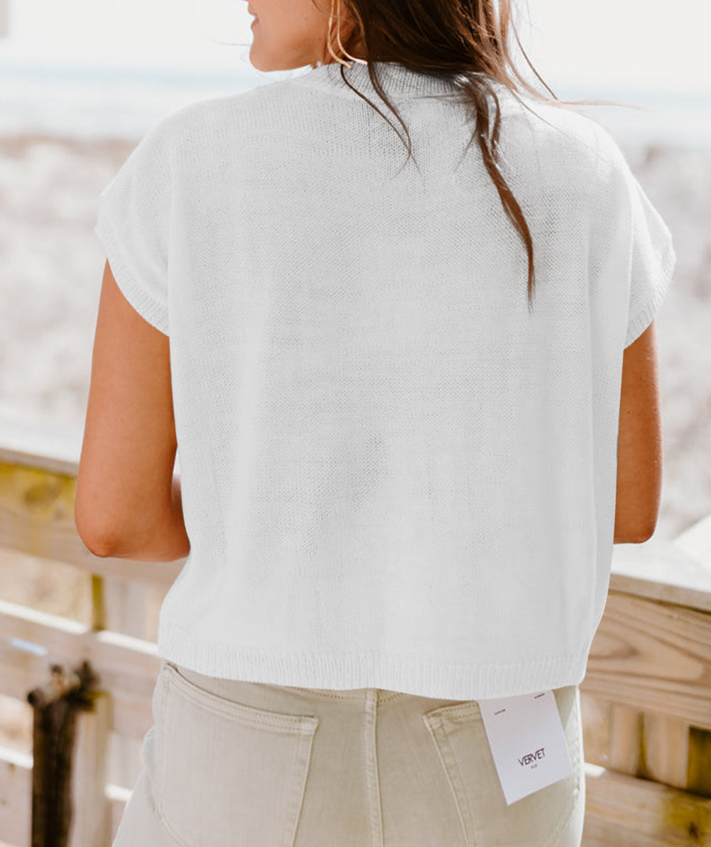 Multi Crochet Flower Knit Short Sleeve Sweater Tops