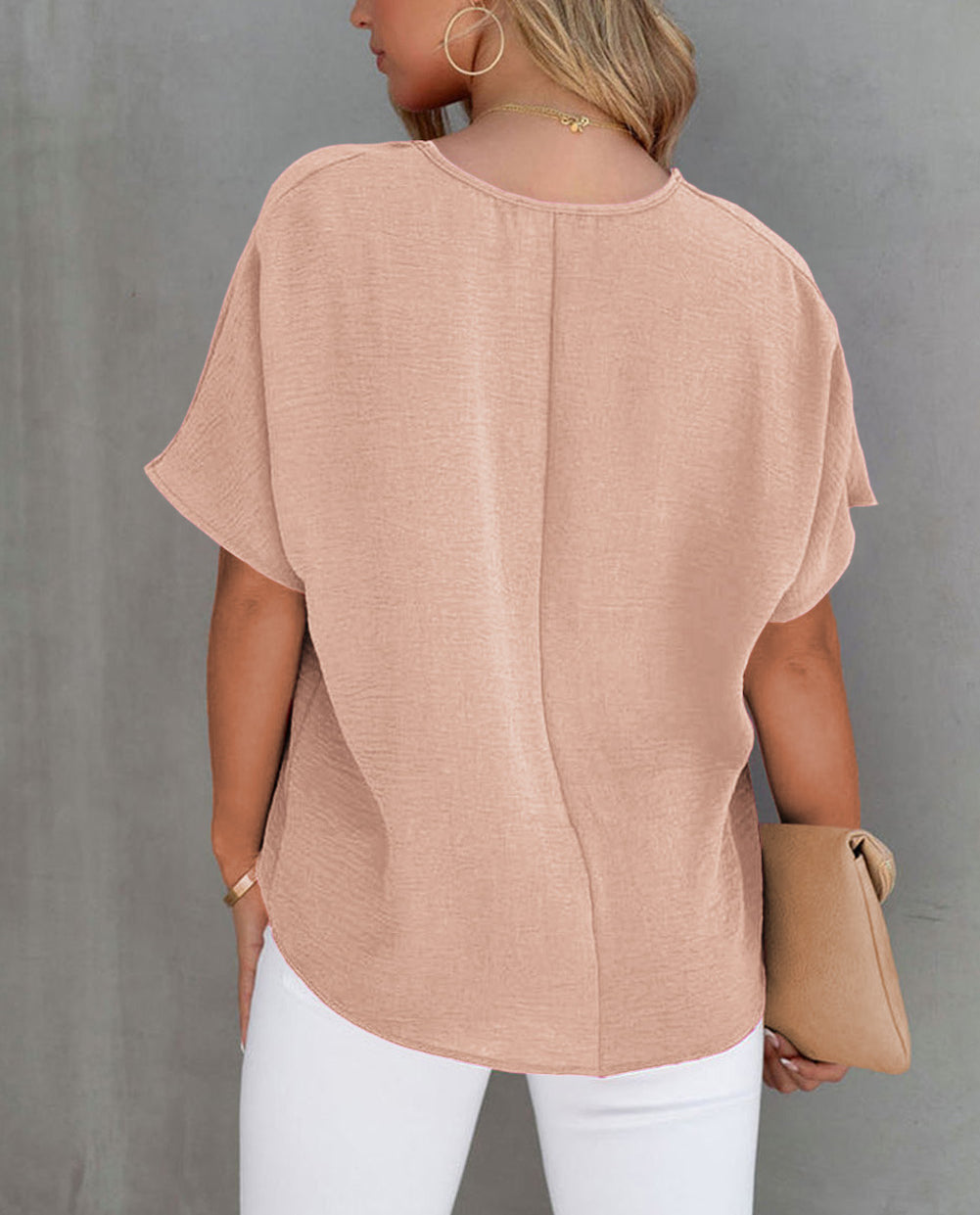 Solid V Neck Short Sleeve Blouse