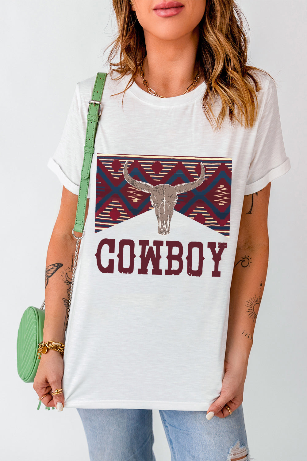COWBOY Western Steer Head Print Round Neck T Shirt