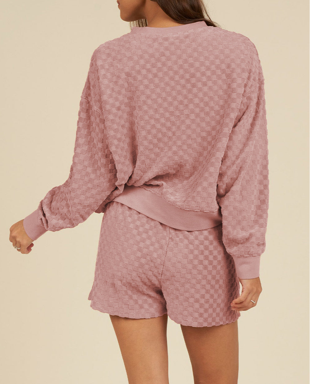 Checkered Textured Long Sleeve Top and Shorts Set