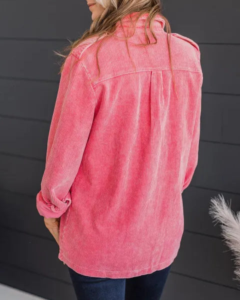 Pink Buttoned Flap Pocket Corduroy Jacket