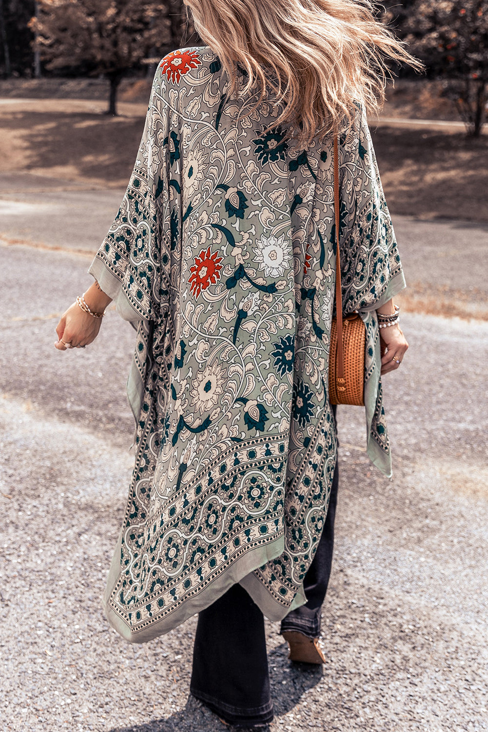 Vintage Floral Print Long Split Open Front Kimono
