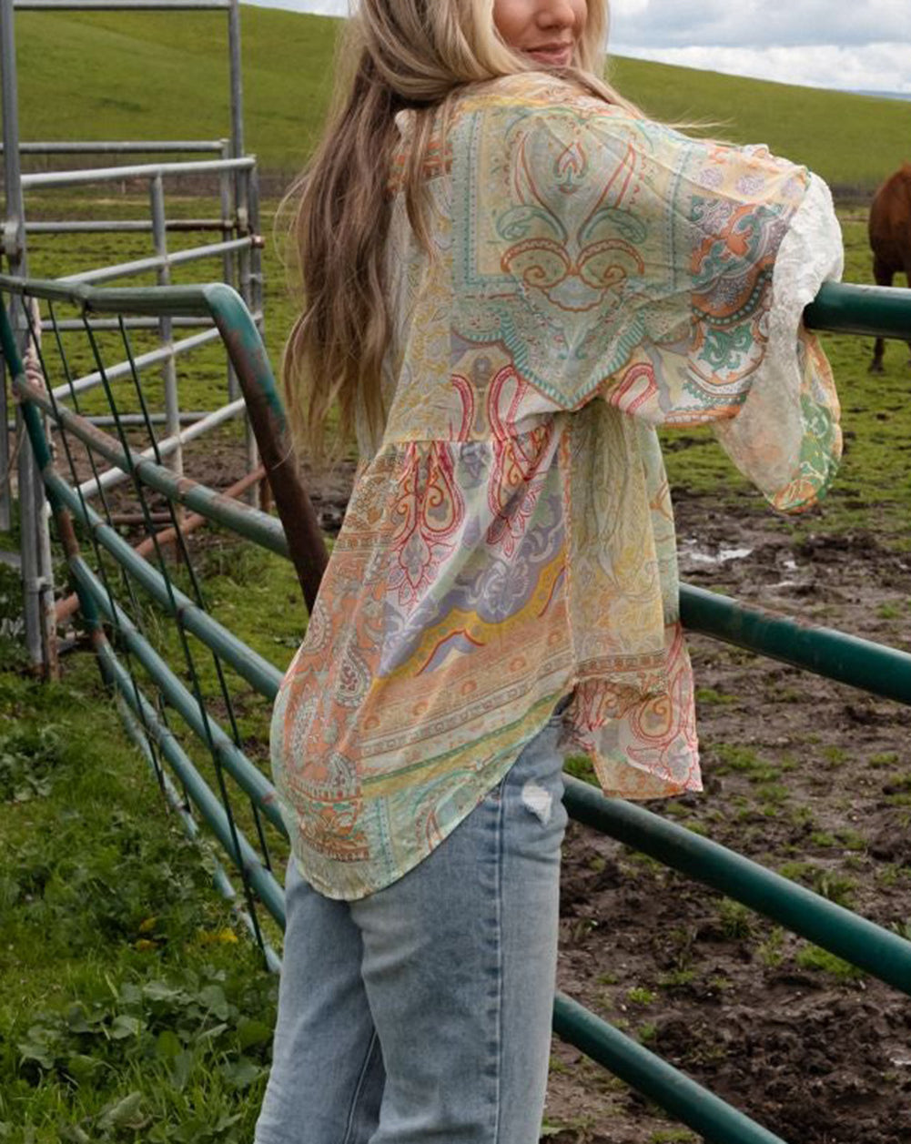 Paisley Print Bell Sleeve Lace V-Neck Button Sheer Blouse