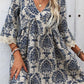 Vintage Printed Lace Trim V Neck 3/4 Sleeve Loose Dress