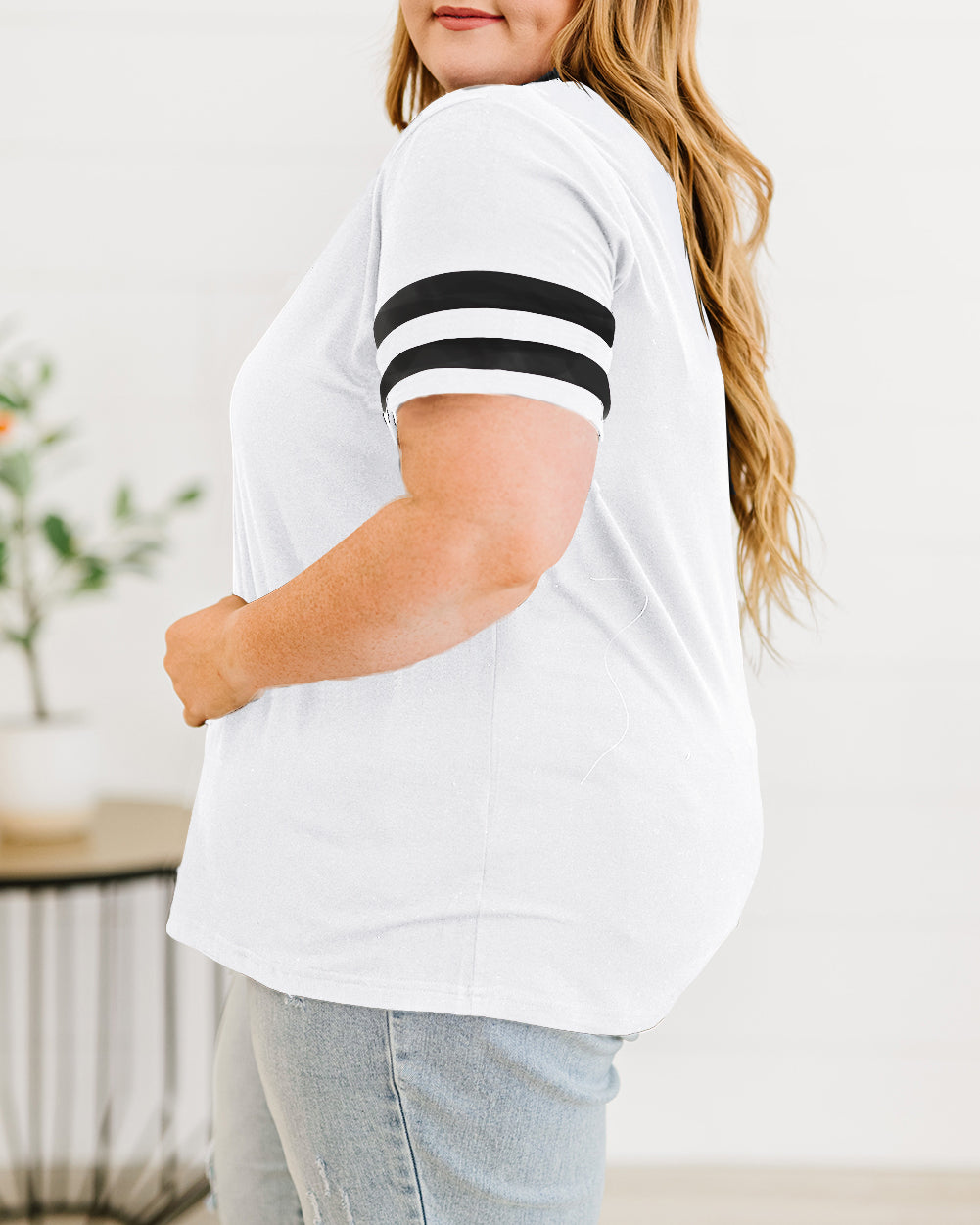 Plus Size Stripes Stitching Sleeve V Neck T-shirt